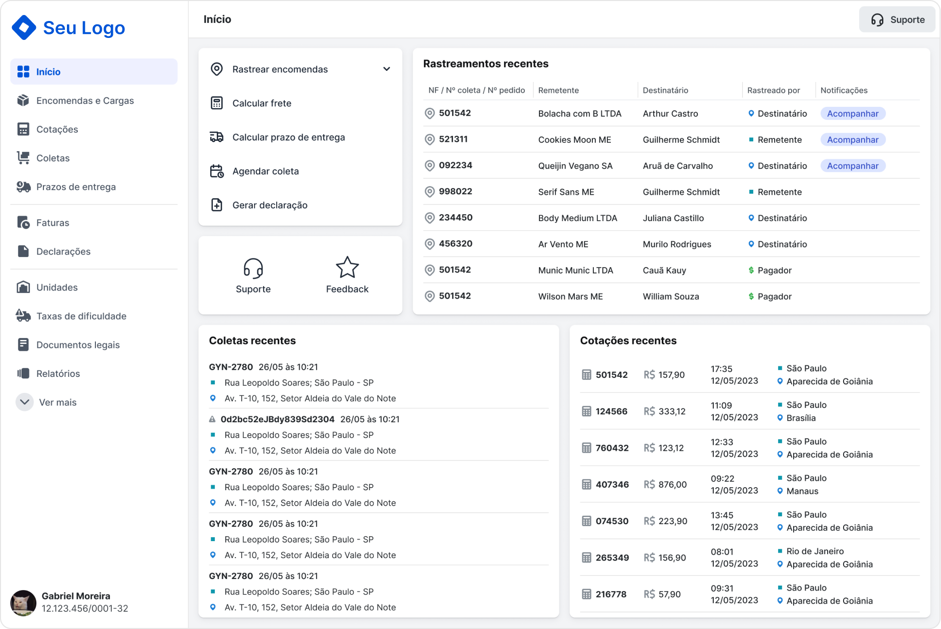 Tela inicial da Área do Cliente